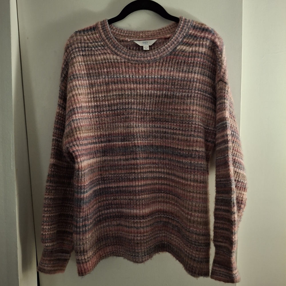 Time and Tru Women's Cozy Pink and Purple Striped Fuzzy Sweater
